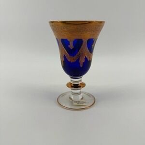 Horchow Cobalt Blue and Gold Gilded Stemware‎ Glass Made in Italy